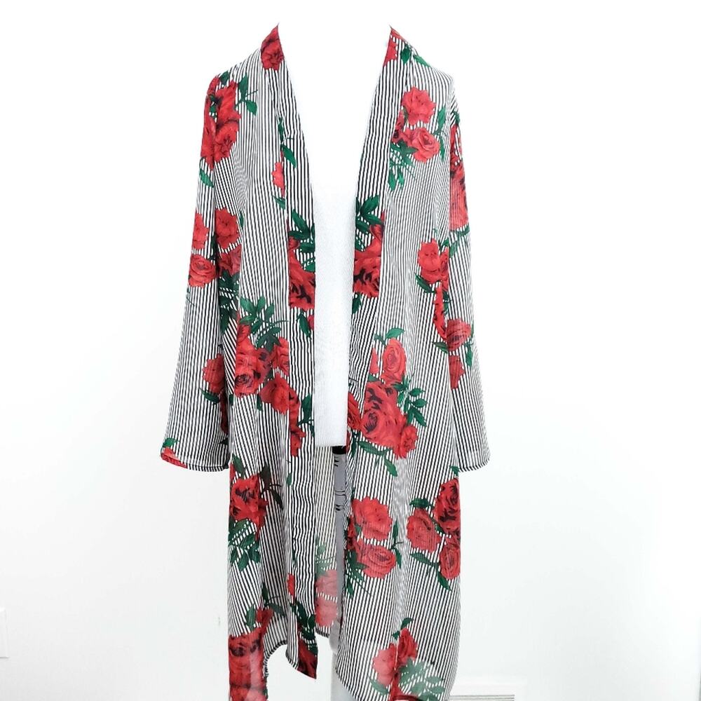 Jorja Floral Long Kimono Red Roses Black Stripes Small Excellent Condition